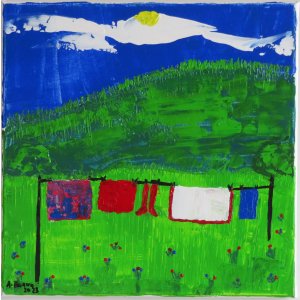 Keilrahmen 30x30cm.
Titel: Wäsche Leine. 